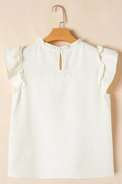 New Dear-Lover Solid Color Ruffle Trim Waffle Knit Blouse White