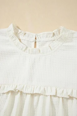 New Dear-Lover Solid Color Ruffle Trim Waffle Knit Blouse White