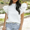 Best Dear-Lover Solid Color Scalloped Ruffle Sleeve Top White