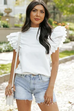 Best Dear-Lover Solid Color Scalloped Ruffle Sleeve Top White
