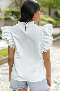 Best Dear-Lover Solid Color Scalloped Ruffle Sleeve Top White