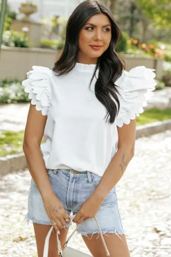 Best Dear-Lover Solid Color Scalloped Ruffle Sleeve Top White