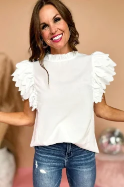 Best Dear-Lover Solid Color Scalloped Ruffle Sleeve Top White