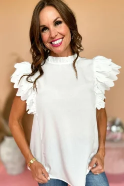 Best Dear-Lover Solid Color Scalloped Ruffle Sleeve Top White