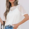 Best Dear-Lover Solid Color Sheer Mesh Patchwork Short Sleeve Top White