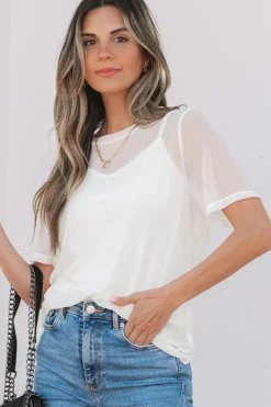 Best Dear-Lover Solid Color Sheer Mesh Patchwork Short Sleeve Top White