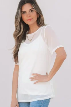 Best Dear-Lover Solid Color Sheer Mesh Patchwork Short Sleeve Top White