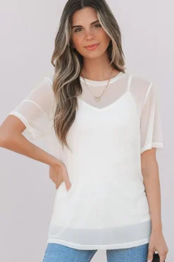 Best Dear-Lover Solid Color Sheer Mesh Patchwork Short Sleeve Top White