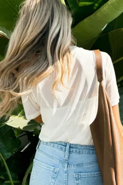 Best Dear-Lover Solid Color Sheer Mesh Patchwork Short Sleeve Top White