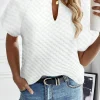 Fashion Dear-Lover Solid Color Textured Split Neck Short Sleeve Top White