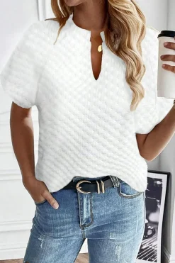 Fashion Dear-Lover Solid Color Textured Split Neck Short Sleeve Top White