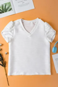 Best Dear-Lover Solid Color Textured V Neck Short Sleeve Top White