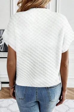 Fashion Dear-Lover Solid Color Textured Split Neck Short Sleeve Top White