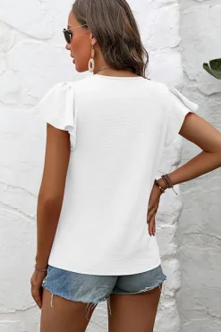 Clearance Dear-Lover Solid Color Textured Pleated Flutter Sleeve Blouse White