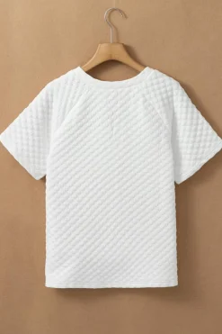 Fashion Dear-Lover Solid Color Textured Split Neck Short Sleeve Top White