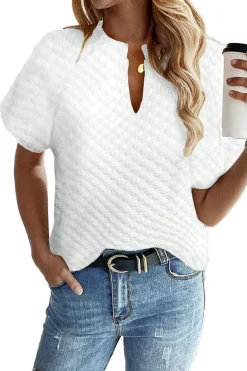 Fashion Dear-Lover Solid Color Textured Split Neck Short Sleeve Top White