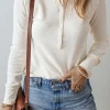 Discount Dear-Lover Solid Color Waffle Half Button Long Sleeve Top White