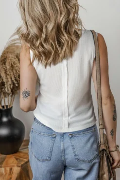 Outlet Dear-Lover Solid Color Waffle Knit Half Buttons Tank Top White