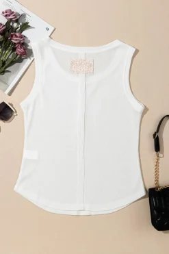 Outlet Dear-Lover Solid Color Waffle Knit Half Buttons Tank Top White