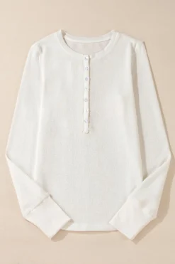 Discount Dear-Lover Solid Color Waffle Half Button Long Sleeve Top White