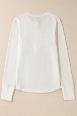 Discount Dear-Lover Solid Color Waffle Half Button Long Sleeve Top White