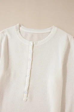 Discount Dear-Lover Solid Color Waffle Half Button Long Sleeve Top White
