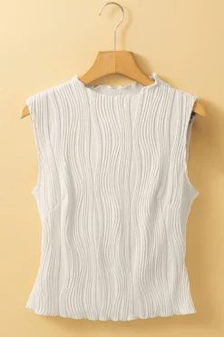 Best Dear-Lover Solid Color Wavy Textured Round Neck Tank Top White