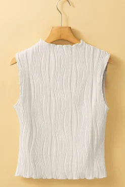 Best Dear-Lover Solid Color Wavy Textured Round Neck Tank Top White