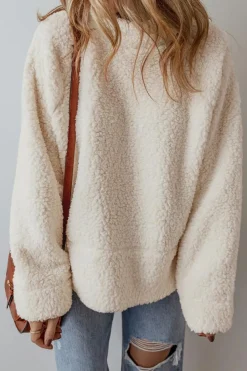 New Dear-Lover Solid Fleece High Neck Drop Shoulder Pullover Sweatshirt White