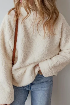 New Dear-Lover Solid Fleece High Neck Drop Shoulder Pullover Sweatshirt White