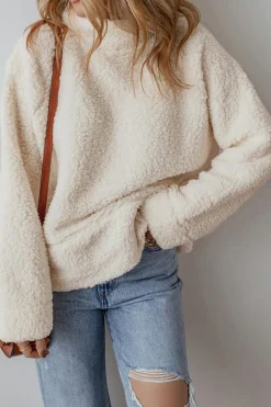 New Dear-Lover Solid Fleece High Neck Drop Shoulder Pullover Sweatshirt White