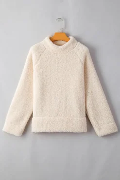 New Dear-Lover Solid Fleece High Neck Drop Shoulder Pullover Sweatshirt White