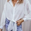 Discount Dear-Lover Solid Knotted Front Loose Fit Sheer Shirt White