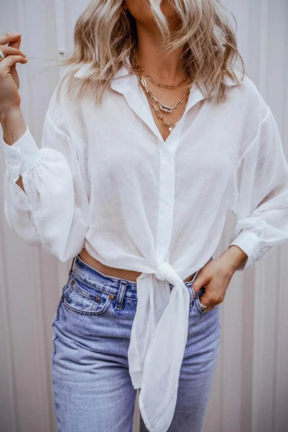 Discount Dear-Lover Solid Knotted Front Loose Fit Sheer Shirt White