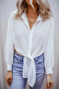 Discount Dear-Lover Solid Knotted Front Loose Fit Sheer Shirt White