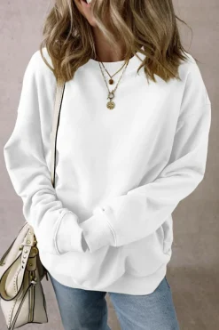 Best Dear-Lover Solid Loose Crew Neck Fleece Sweatshirt White