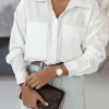 Hot Dear-Lover Solid Pocket Long Sleeve Button-up Shirt White