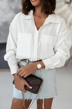 Hot Dear-Lover Solid Pocket Long Sleeve Button-up Shirt White