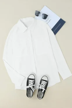Hot Dear-Lover Solid Pocket Long Sleeve Button-up Shirt White