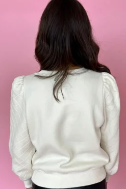 Clearance Dear-Lover Solid Puff Sleeve Round Neck Pullover Sweatshirt White