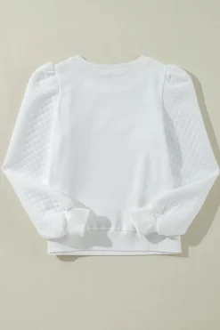 Clearance Dear-Lover Solid Puff Sleeve Round Neck Pullover Sweatshirt White