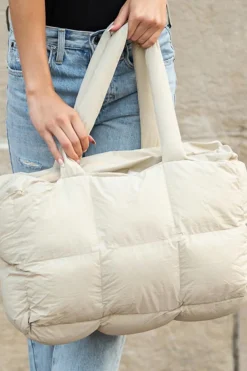 Clearance Dear-Lover Solid Quilted Puffy Zipped Large Tote Bag White