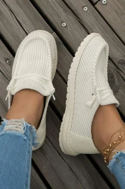 New Dear-Lover Solid Ribbed Criss Cross Slip On Casual Shoes White