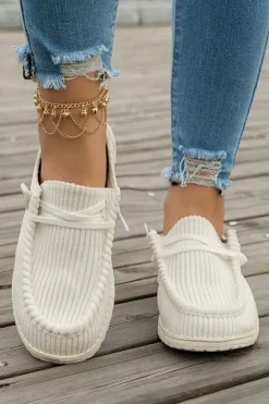 New Dear-Lover Solid Ribbed Criss Cross Slip On Casual Shoes White