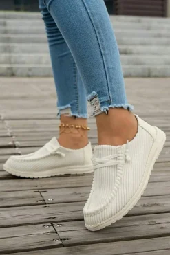 New Dear-Lover Solid Ribbed Criss Cross Slip On Casual Shoes White