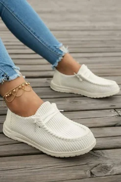 New Dear-Lover Solid Ribbed Criss Cross Slip On Casual Shoes White