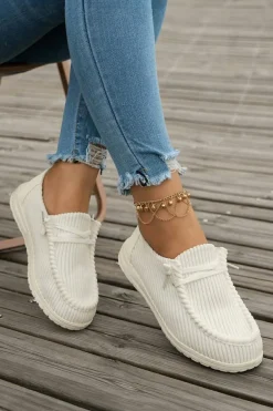 New Dear-Lover Solid Ribbed Criss Cross Slip On Casual Shoes White