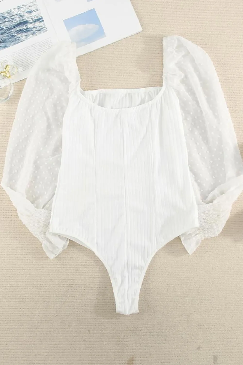 New Dear-Lover Solid Swiss Dot Ribbed Puff Sleeve Bodysuit White