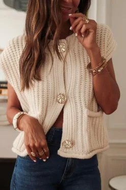 Discount Dear-Lover Solid Textured Knit Side Pockets Buttoned Sweater Vest White