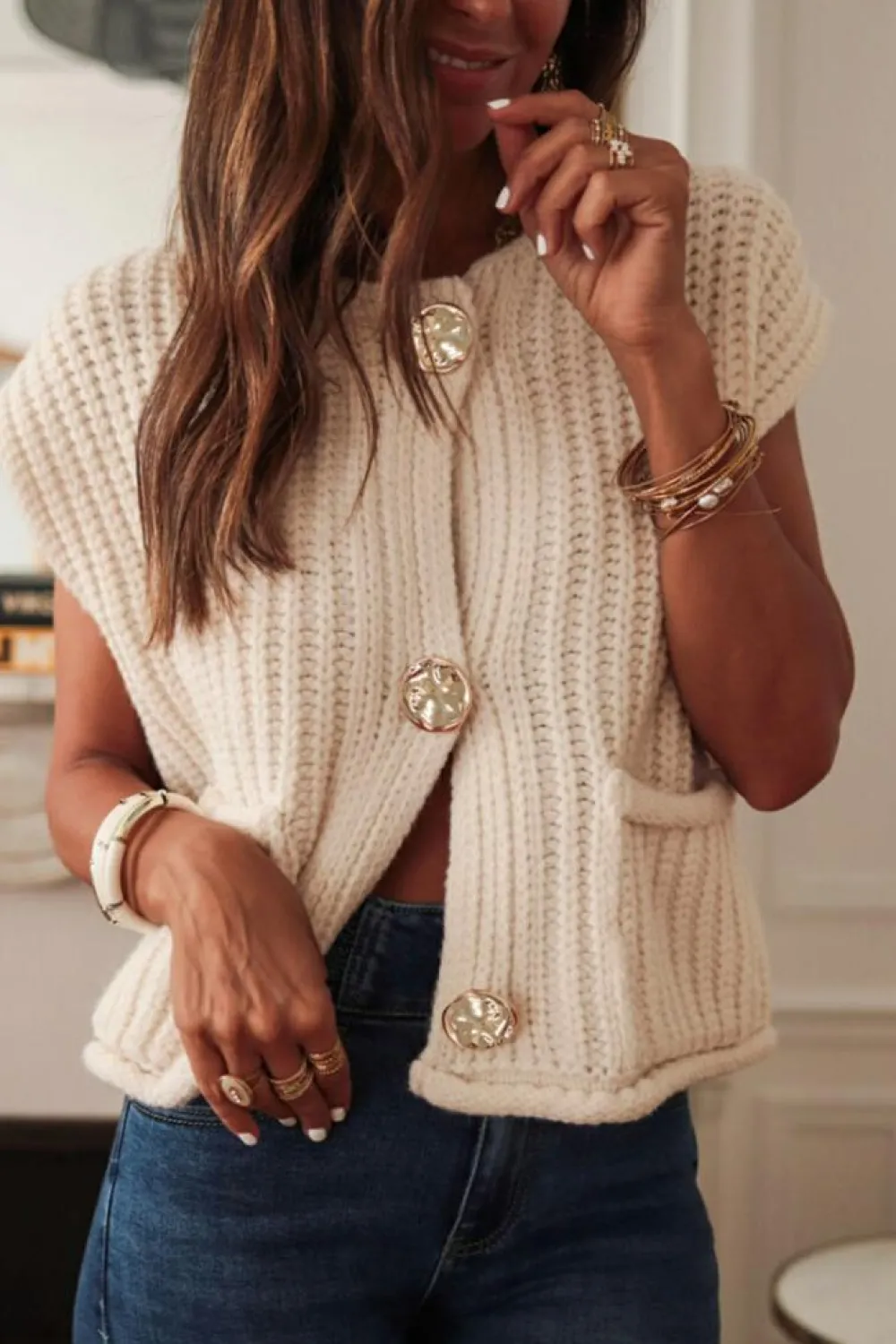 Discount Dear-Lover Solid Textured Knit Side Pockets Buttoned Sweater Vest White